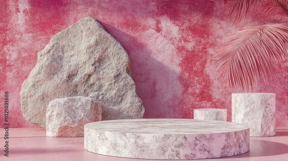 Poster Abstract pink geometric background featuring stone and rock shapes minimalist mockup for podium display or showcase 3D rendering