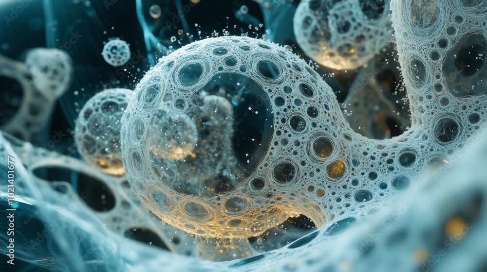 Poster Abstract close-up of intricate bubble structures in a liquid medium, showcasing unique textures and formations during the daytime