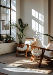 Sunlight Streaming Through Window in Minimalist Living Room with Two Wooden Chairs and a Rug
