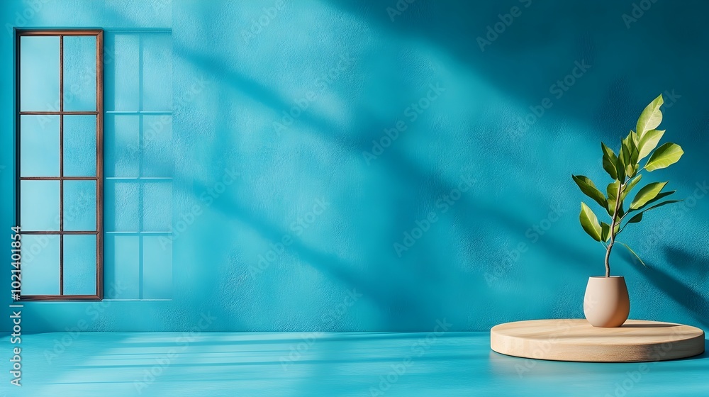 Poster Minimalist 3D studio room setting with a cobalt blue background empty floor and wall product podium shadow overlay from window to countertop and a natural sunlight mockup
