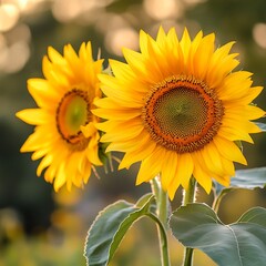Obraz premium Two vibrant sunflowers basking in sunlight, showcasing their bright yellow petals and intricate centers.