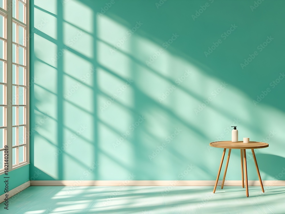 Poster Minimalist 3D studio scene featuring a mint green backdrop an empty room with a product stand and window light casting a shadow across the countertop creating a sunlight mockup