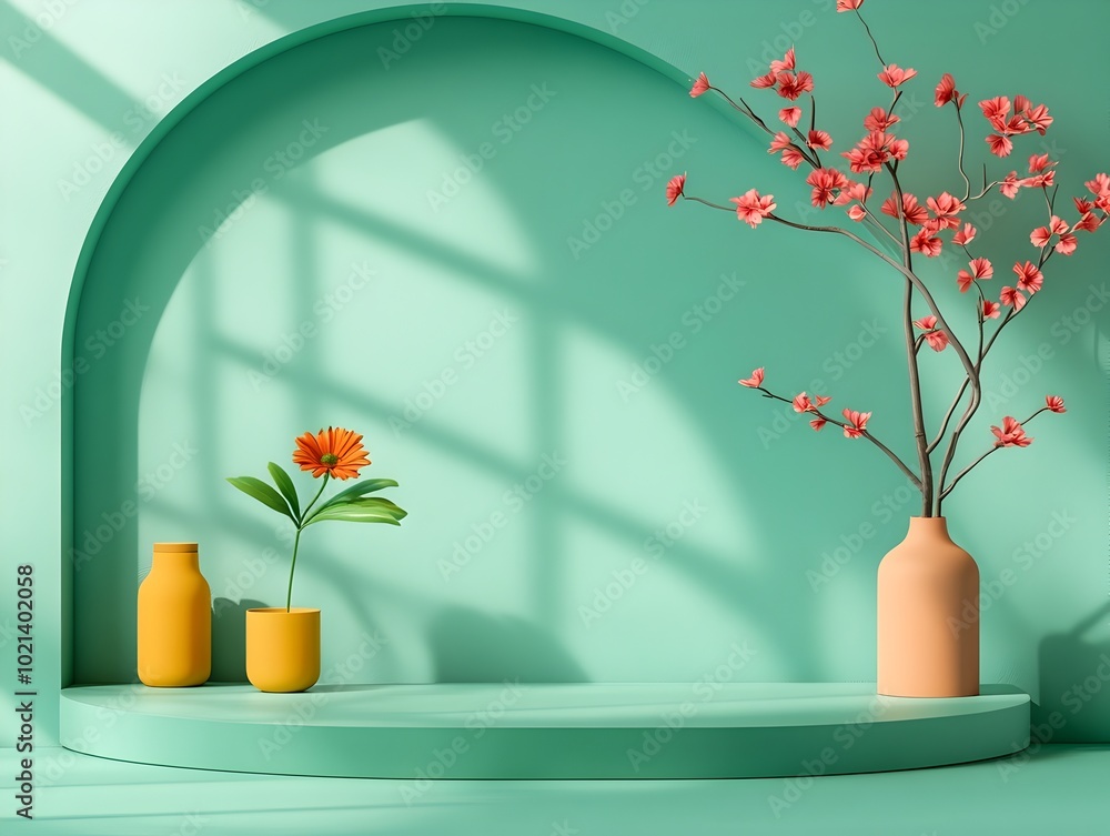 Poster minimalist 3d studio scene featuring a mint green backdrop an empty room with a product stand and wi