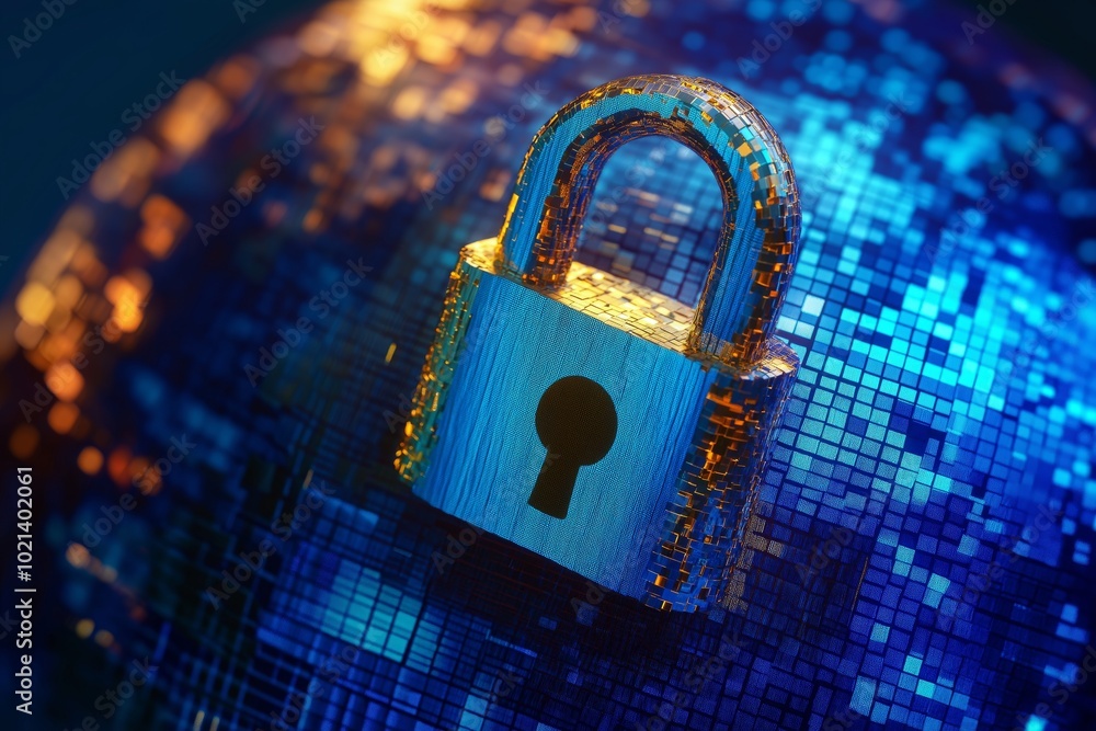 Poster simple lock icon over a pixelated globe, representing global internet security.