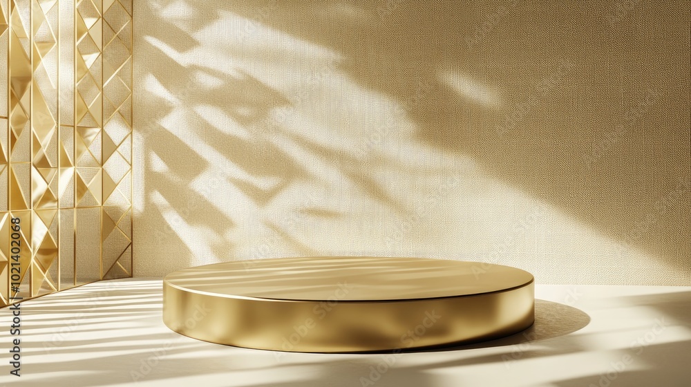 Aufkleber 3D background featuring a golden scene with an empty podium and geometric shapes including a circular pedestal on a floor with shadows designed for minimal style product presentation composition a