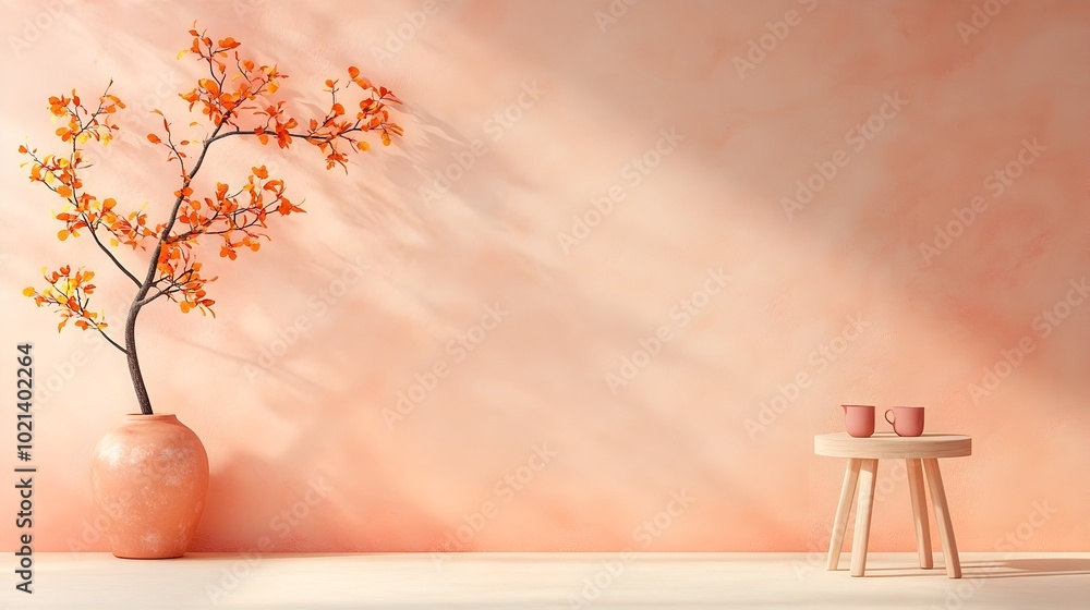 Poster minimalist 3d studio scene with pale peach background bare floor and wall product exhibition stand s