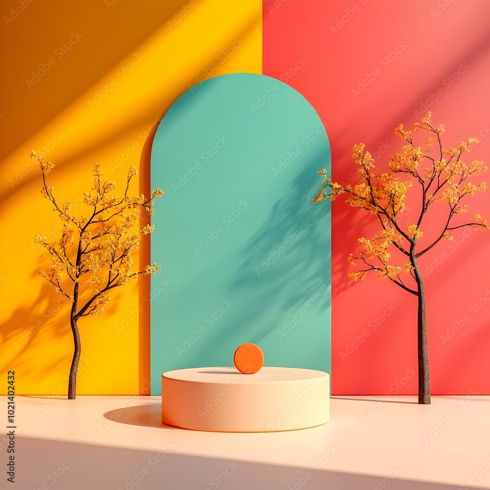 Poster minimalist 3d studio scene featuring a seamless colorful gradient backdrop a simple pedestal display