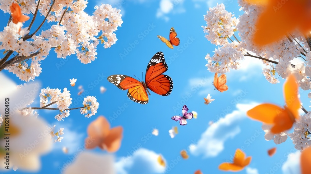 Poster A 3D  image of a beautiful spring scene with colorful butterflies flying among cherry blossoms and a blue sky. This image represents the beauty of nature, the joy of spring, and the freedom of flight.