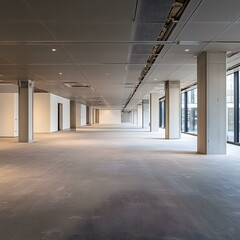 Empty Modern Office Space with Concrete Columns and Large Windows