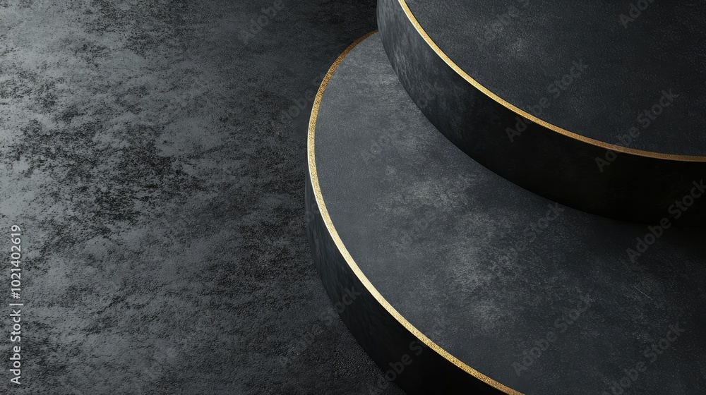 Aufkleber 3D rendering of a top view flat lay display featuring a dark graphite gray cylinder podium serving as a minimalistic and luxurious photography backdrop with a golden line