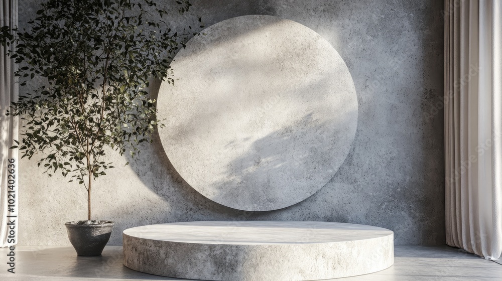 Poster 3D render featuring a podium display set against a concrete background showcasing a stage for product presentation
