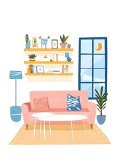 Living Room Interior Design Illustration with Pink Sofa