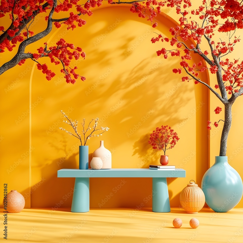Poster minimalist 3d studio setting with ochre yellow backwall clean floor and table for vibrant product di