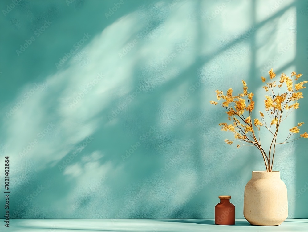 Poster minimalist 3d studio setting with a clean dusty blue background and an empty space featuring a produ