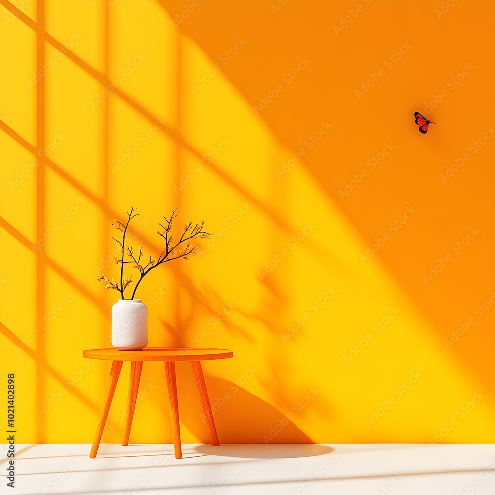 Poster minimalist 3d studio setting with ochre yellow backwall clean floor and table for product display na