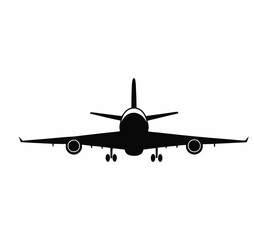 Vector illustration of an airplane taking off from a runway. Front view of air transport taking off from a civil airline silhouette and airplane icon.