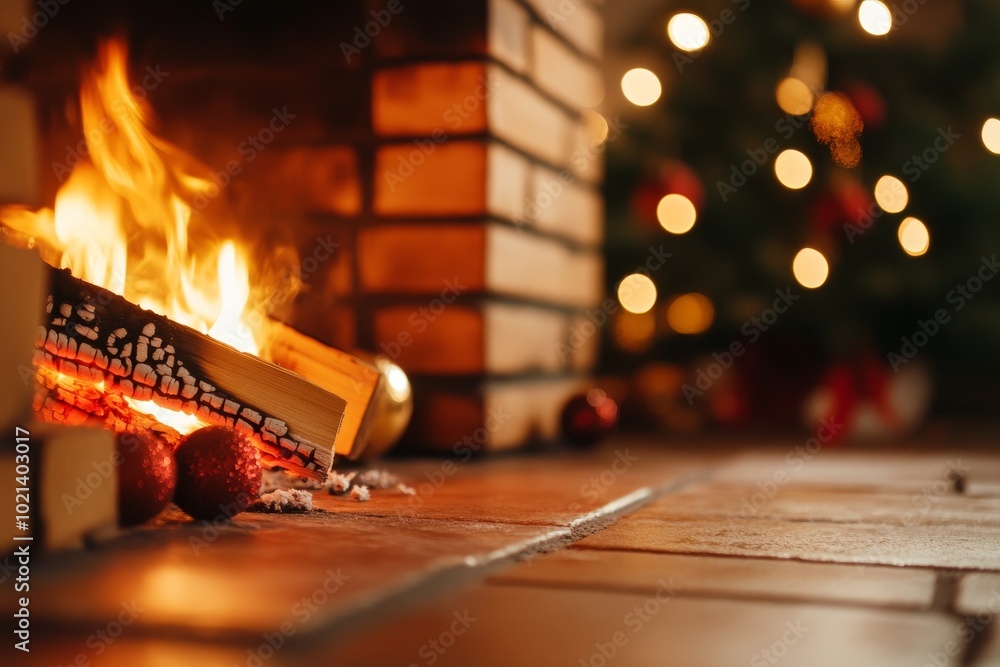 Canvas Prints A brick fireplace with a warm and inviting fire, perfect for cozy winter nights. The blurred background features a Christmas tree with twinkling lights, creating a festive and magical ambiance. This i