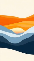 Abstract Landscape Illustration With Wavy Lines and Sunset