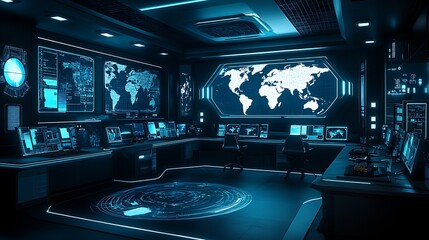 Command center interior, cybersecurity room. Command center interior, 3D rendering, futuristic conference room