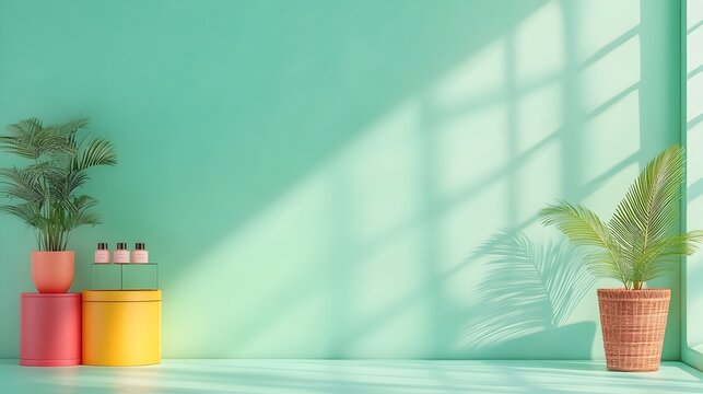 Minimalist 3D studio space with celadon green background walls and floor empty product display podium shadow overlay from window lighting across the counter mockup ambience