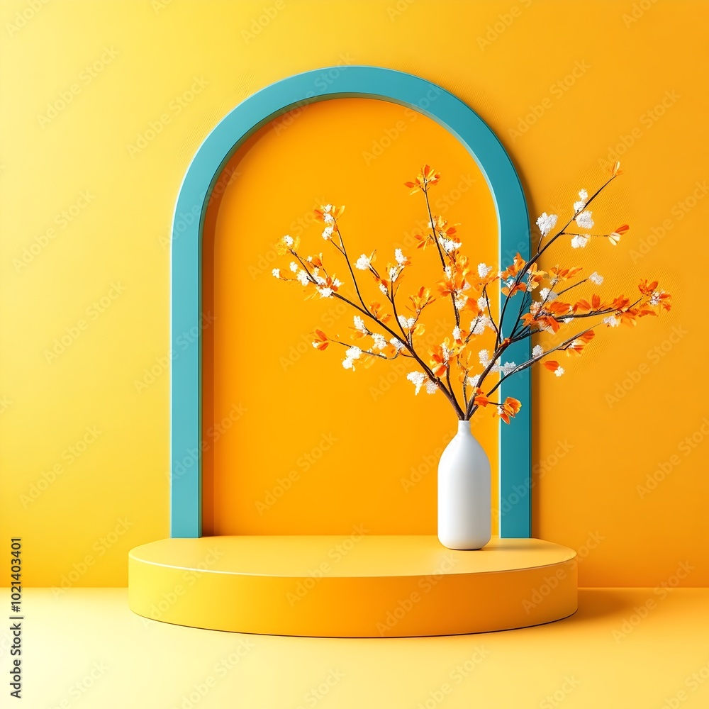 Poster minimalist 3d studio space with saffron backdrop clean empty room with display podium directional wi