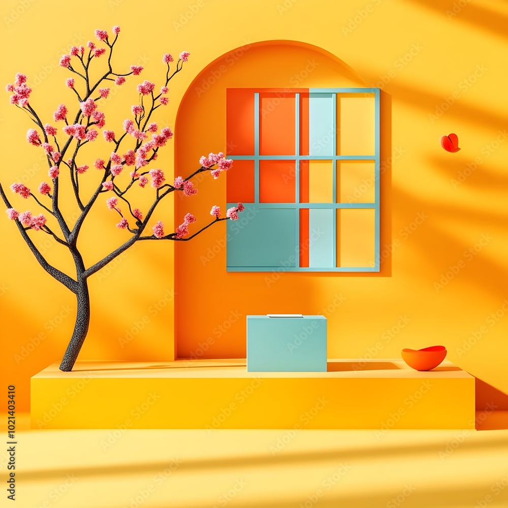 Poster sleek and modern 3d studio space featuring a saffron backdrop clean empty room with a display podium
