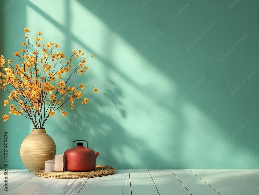 Poster minimalist 3d studio space featuring a sage green backdrop clean hardwood floor and understated prod