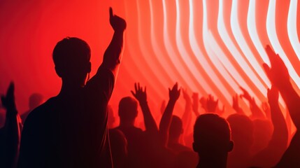 Silhouetted Crowd in Vibrant Red Concert Lighting, AI