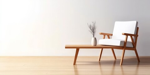 A minimalist living space with a white armchair, a simple wooden coffee table, and neutral decor, showcasing clean lines and a calming, uncluttered aesthetic