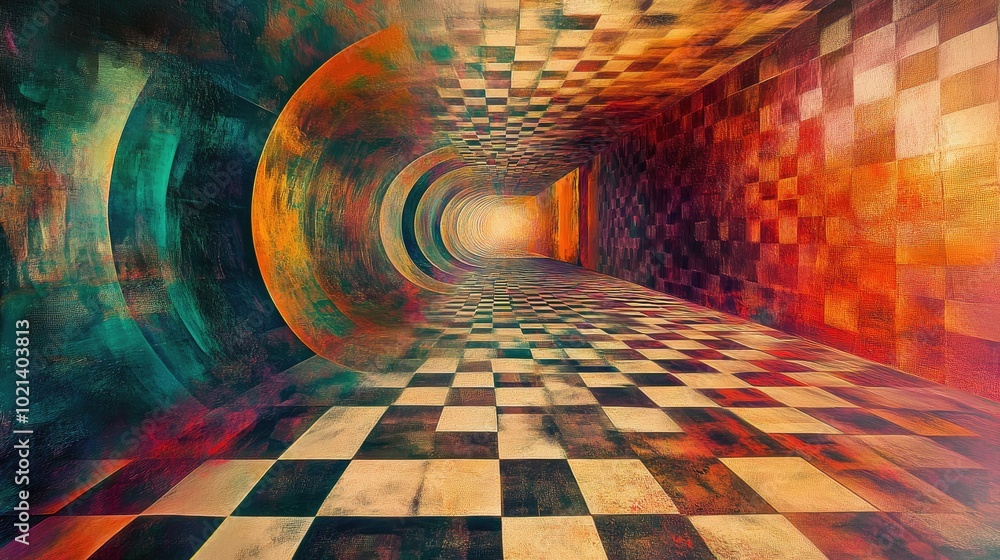 Aufkleber Abstract painting featuring a stretch ceiling decoration and wallpaper design with a checkered pattern creating a high resolution optical illusion effect