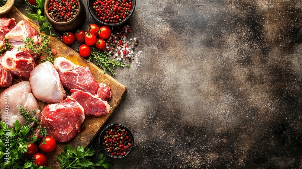 Poster Catalog Photography of Raw Meat Products Various Cuts Including Pork Beef and Chicken Background Image with Blank Space for Text