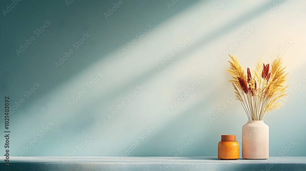 Poster minimalist studio room with a clean podium display and natural light streaming through a window cast