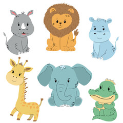 Safari children’s animals set in flat style isolated on white background, vector illustration. Cute cartoon animals collection: crocodile, rhinoceros, elephant, giraffe, lion, hippo