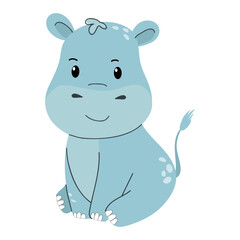 Cute cartoon hippo isolated on white background, vector illustration. Safari children’s animal for baby poster, greeting card and baby design, clothes