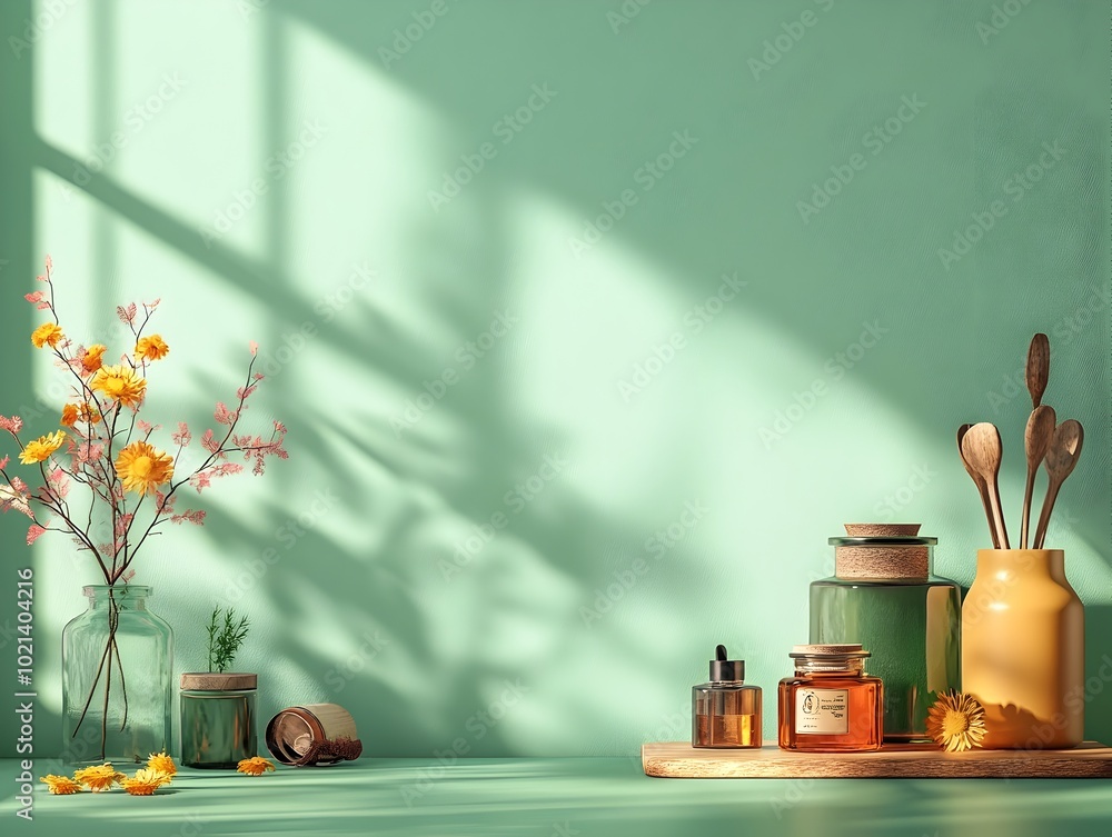 Poster elegant 3d studio scene with a pale sage green background empty floor and wall with a product displa