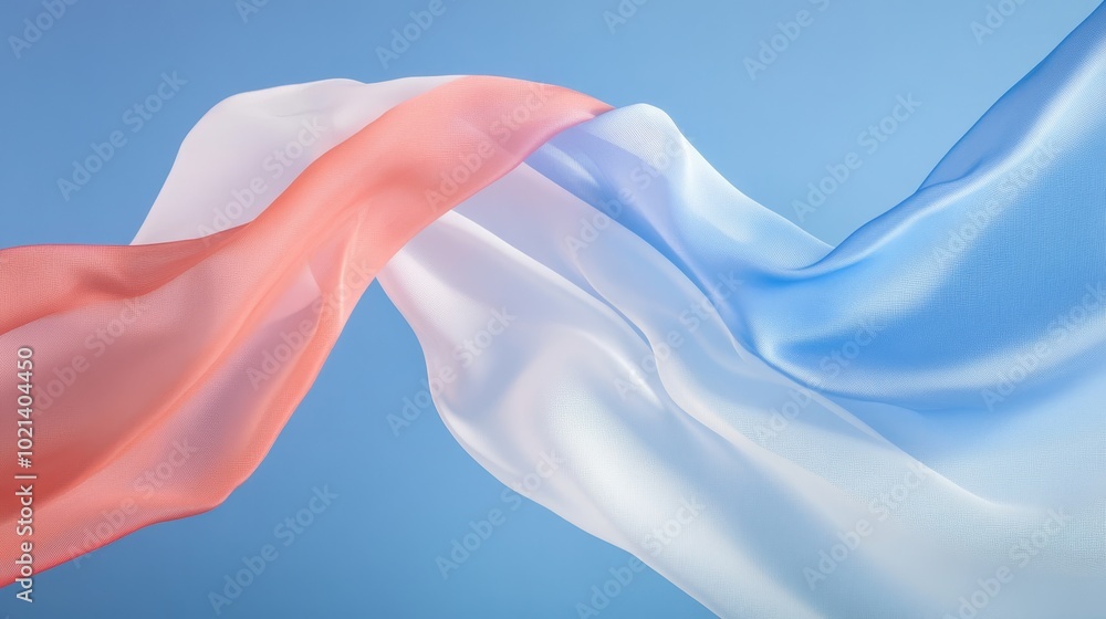 Sticker A close-up of flowing fabric draped in shades of blue, white, and pink, creating a soft and ethereal abstract background.  Representing grace, elegance, beauty, fluidity, and movement.