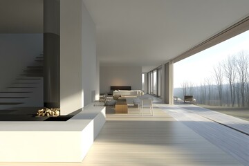 Fototapeta premium Modern Home Interior Design with Large Windows and a Fireplace