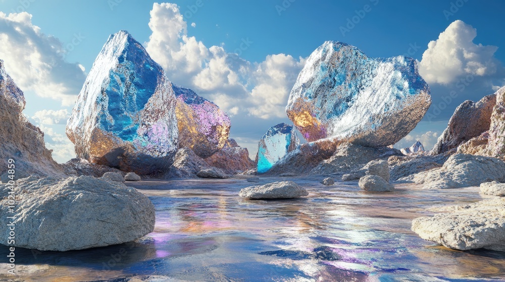 Aufkleber 3d rendering of a fantastical landscape featuring metallic rocks in a vibrant imaginative setting