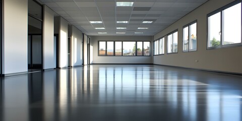 Empty Office Space With Large Windows And Shiny Floor
