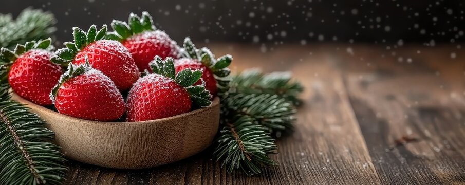 Fresh strawberries in a wooden bowl with pine branches on a rustic wooden table, dusted with snowflakes. - Powered by Adobe