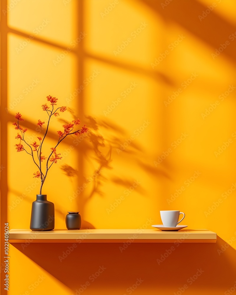 Poster moody and dramatic 3d studio environment with warm yellow backdrop empty table and shelves for produ