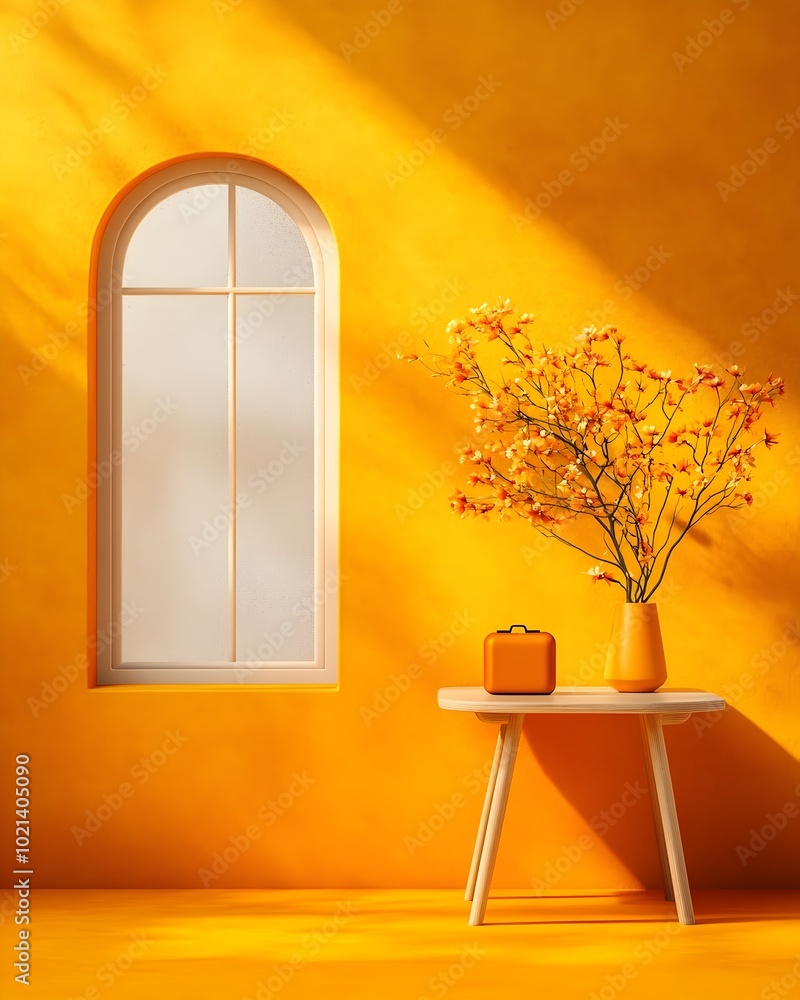 Poster moody and minimalist 3d studio environment with warm yellow backdrop empty table and shelves for pro