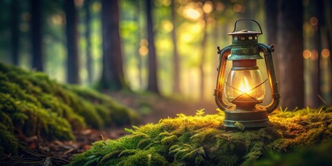 A glowing lantern rests on a bed of moss amidst a forest path, illuminating the way through the trees with a warm, inviting light.