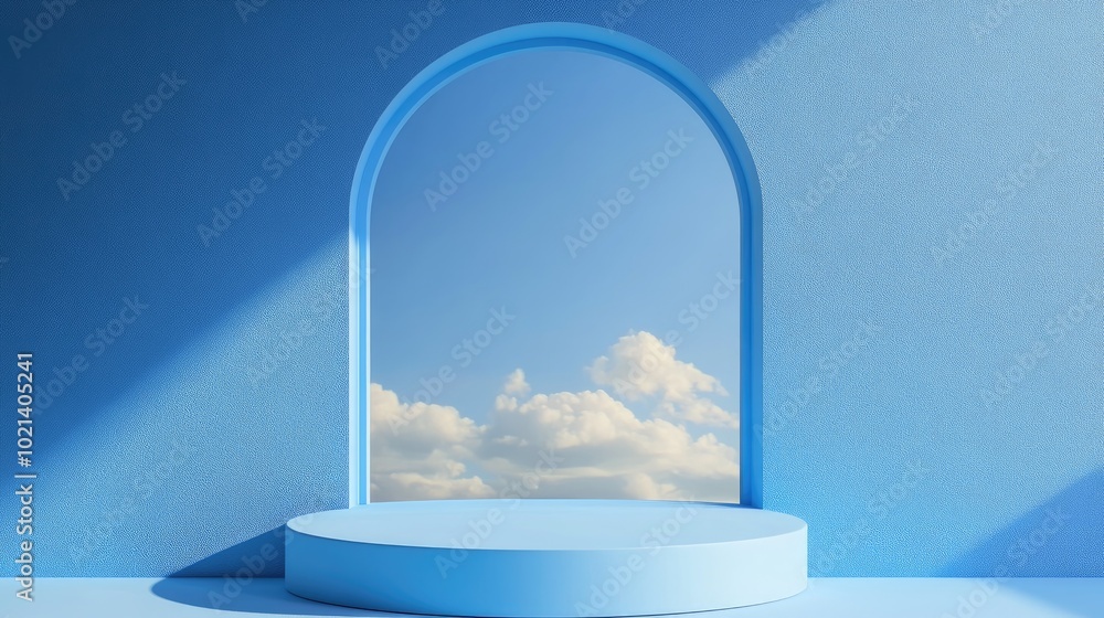 Poster 3d render of an abstract blue background featuring a window with a blue sky view against a blue wall