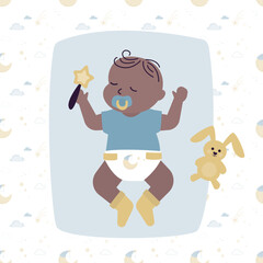 African american baby sleeps with baby accessories. Infant in diaper lies resting. Little child sleep in bedroom. Newborn cartoon character top view on white background.