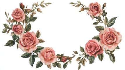 A decorative arrangement of pink roses and green leaves, ideal for invitations or designs.