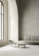Minimalist Interior Design with Arched Window and Light Grey Walls