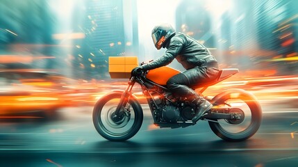 Motorcycle Courier Rapidly Navigating Through Congested City Streets to Deliver Packages Dynamic Motion Blur Effect Rider in Leather Jacket and Helmet Towering Skyscrapers in the Background