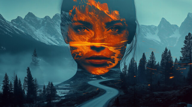 A woman's face is superimposed over a mountain landscape, creating a surreal and captivating image.