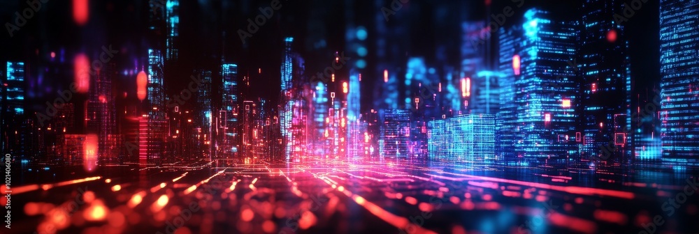 Canvas Prints A futuristic cityscape with interconnected holographic towers glowing with vibrant red and blue light, symbolizing technology, connectivity, urban development, innovation, and the future.